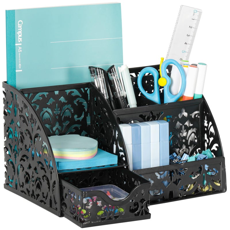 EasyPAG Pen Holder Desk Organizer with Drawer Pencil Cup for Desk 6 Compartments Metal Office Caddy Storage with Sticky Notes Holder for School Home Office, Black - Image 1